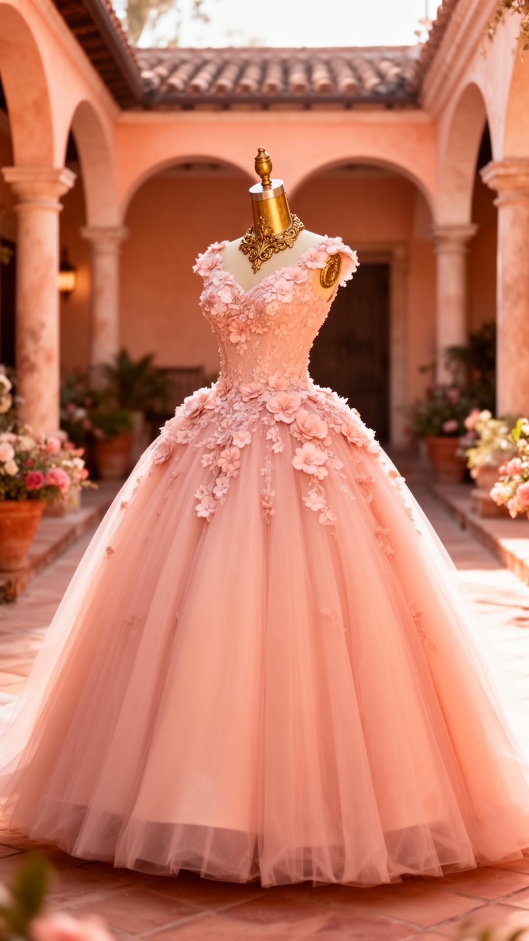 A blush pink quinceañera gown in a sunlit courtyard
